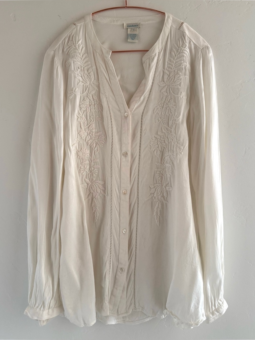 Sundance Top Rayon Embroidered White Button Up V Neck Blouse Boho